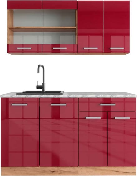 Vicco R-Line Eenpersoonskeuken – 140 cm, WB Marmer Rood hoogglans/gouden eik