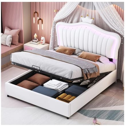 Lit d'enfant - MUVOE - 140 x 200 cm - Similicuir blanc - Rangement hydraulique - LED multicolore blanc
