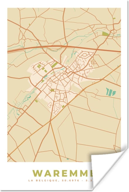 Poster Kaart - Vintage - Retro - Stadskaart - Waremme - Plattegrond - 40x60 cm