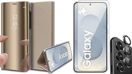 Hoesje geschikt voor Samsung Galaxy S25 - Screenprotector Glas & Camera - Spiegel Book Case Goud