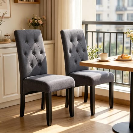 MODFU Eetkamerstoel - Hoge Rugleuning - Knopenpatroon - Voor Eetkamer - Massief Hout - Donkergrijs - Set Van 2