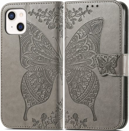 YPCd Bookcase geschikt voor Apple iPhone 14 - Vlinder Design - Portemonnee / Wallet Hoesje - Grijs