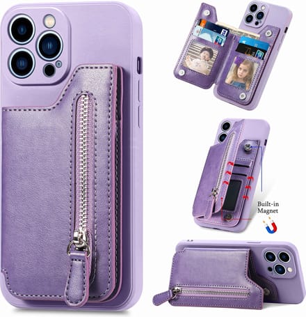 Luxe Hybride Rits Card&Cash Wallet Case + PMMA Screenprotector voor iPhone 14 Plus _ Paars