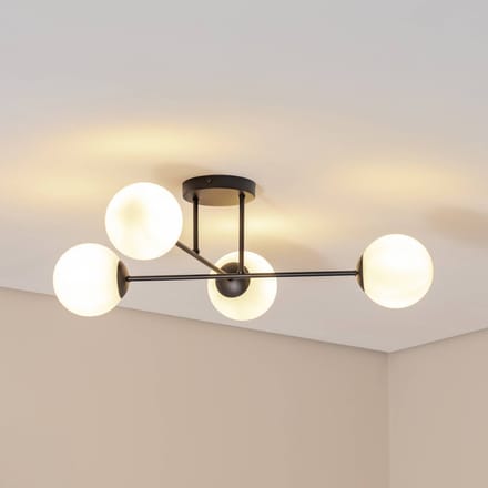 Euluna - plafondlamp - 4lichts - Staal, glas - H: 26 cm - E14 - zwart, wit opaal