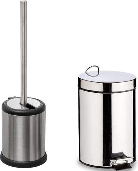 5Five - WC/Toiletborstel houder zilver rvs 39cm en pedaalemmer 5 liter