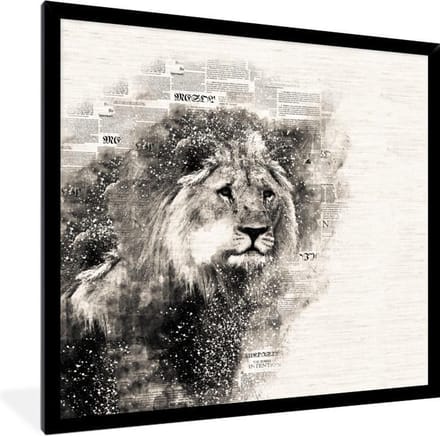 Fotolijst incl. Poster - Leeuw - Krant - Zwart - Wit - 40x40 cm - Posterlijst