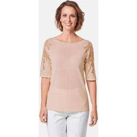 Pullover met kanten inzetten en glanssteentjes - perzik - Gr. 38 van Goldner Fashion