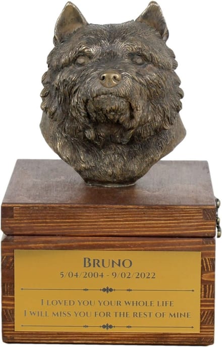 Persoonlijke urn voor Norwich Terrier met beeldje en as van je hond