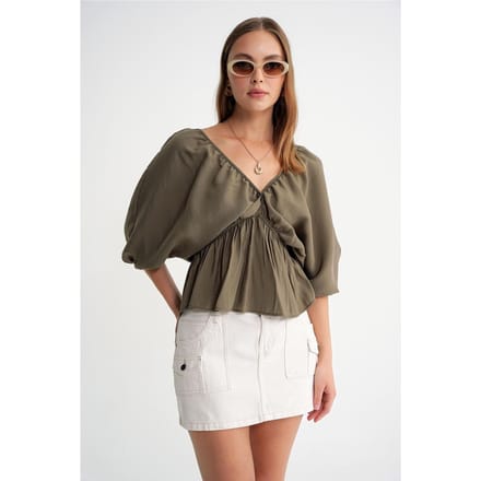 V-hals Blouse met Rimpeldetail