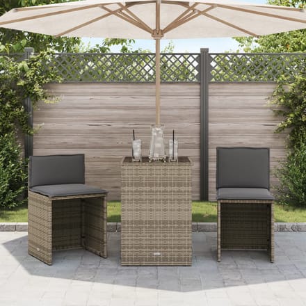 vidaXL - 3-delige - Bistroset - met - kussens - poly - rattan - grijs