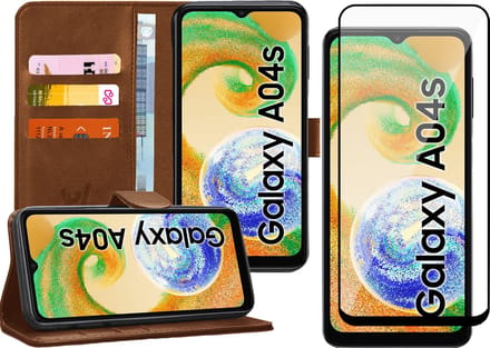 Hoesje geschikt voor Samsung Galaxy A04s / A13 5G - Screen Protector FullGuard - Book Case Kunstleer Pasjeshouder Bruin & Screenprotector