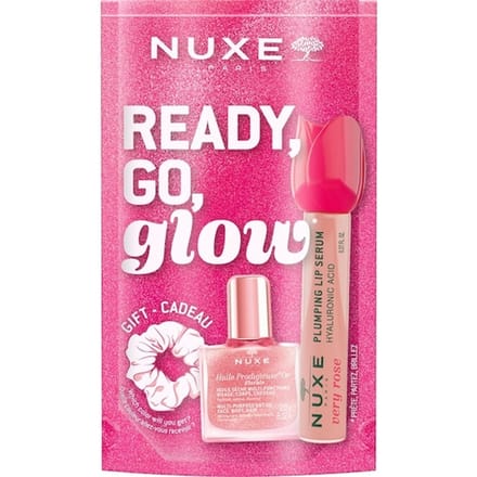 Nuxe Ready, Go, Glow Pink Set 18 ml - Lip Volume Serum 8ml/Dry Oil 10ml/Scrunchie