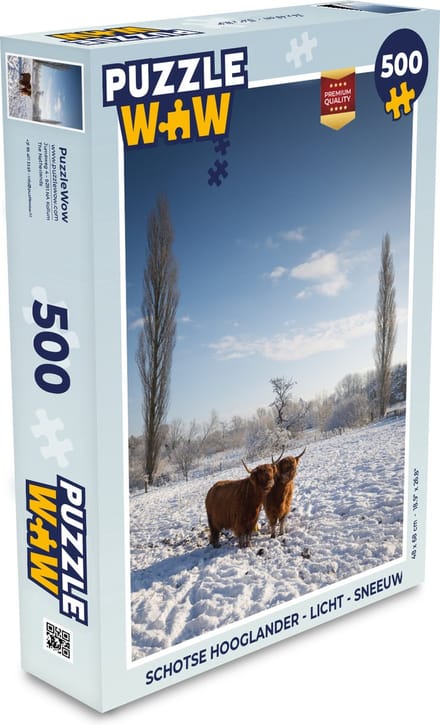 Puzzel Schotse hooglander - Licht - Sneeuw - Legpuzzel - Puzzel 500 stukjes