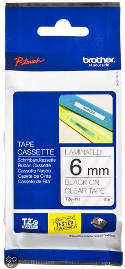 Brother TZE-111 Originele labelprinter-tape 6 mm Black on Clear gelamineerd