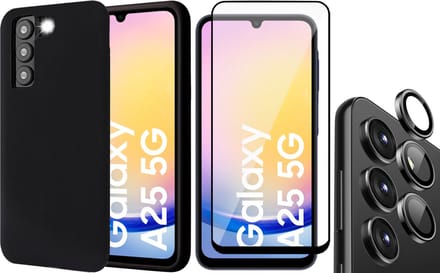 Hoesje geschikt voor Samsung Galaxy A25 / A24 - Screenprotector Volledig Dekkend Glas & Camera Protector - Mat Back Case Zwart