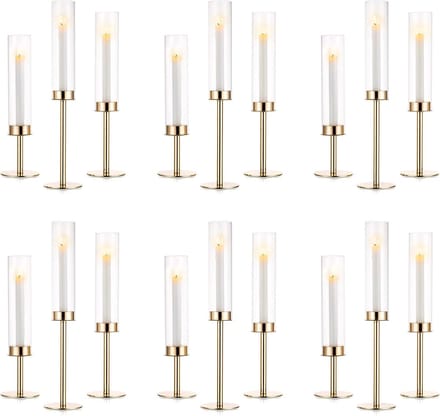 Kaarsenstandaard Set - Winddichte houders - Sfeervolle Decoratie - Drie Hoogtes - 18 Stuks - Goud