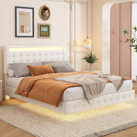 Tweepersoonsbed - 140x200 cm - met LED en Verstelbaar Hoofdbord - PU - Wit