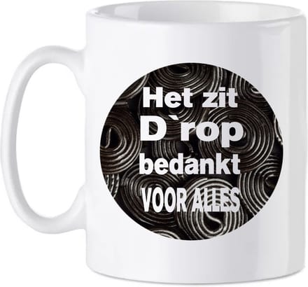 Bedrukte beker Het zit d`rop - afscheid - meester - juf - koffie mok - school - quote - spreuk -leraar
