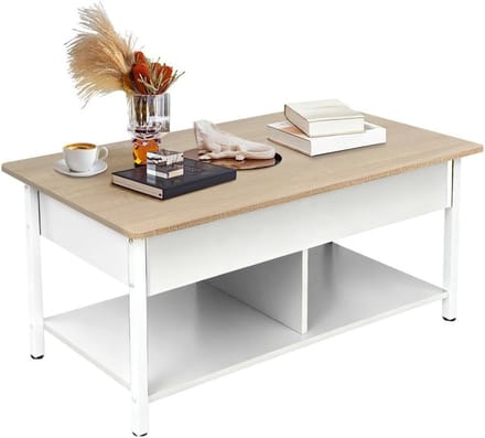 Coffee Table 3-in-1 with Hidden Compartments and Open Shelf, Coffee Table Folding and Extendable, Dining Table for 4-8 People, with Folding Tray, 90 x 48 x 62 cm (A)