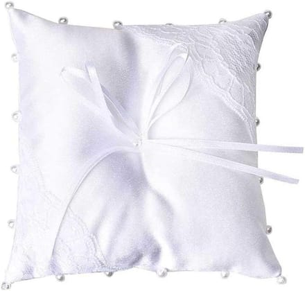 Bruidskussen Ring - Bruiloft Accessoire - Huwelijksdag Vieren - Met Parels - 17x17cm - Beige