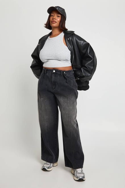 boohoo Dames Plus Verstelbare Taille Wijde Pijpen Jeans | Washed Black | Maat: 50
