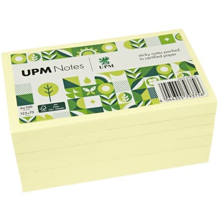 6x 100 bladen herkleefbare notes »5655-01PG-6« verpakt in glasfolie - geel 12,5