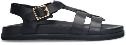 Manfield - Dames - Zwarte leren sandalen met gespsluiting - Maat 37