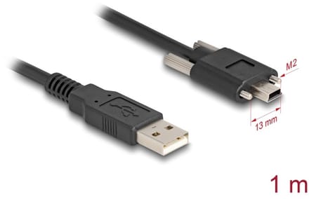 Delock USB 2.0 Cable Type-A male to Type Mini-B male with screw distance 13 mm 1 m black