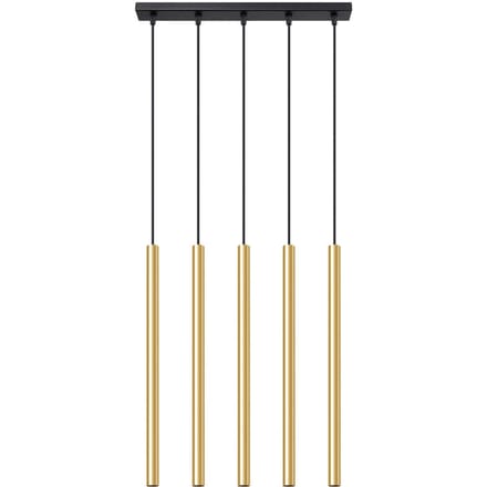 Hanglamp PASTELO 5L met 5 slanke buizen in lijn - Sollux Lighting - IP20 - Glanzend goud staal behuizing - 45 x 5 x 90 cm - 5 x G9 LED, exclusief lichtbron - 5 x 8 W - Moderne hanglamp voor woonkamer, slaapkamer en eetkamer