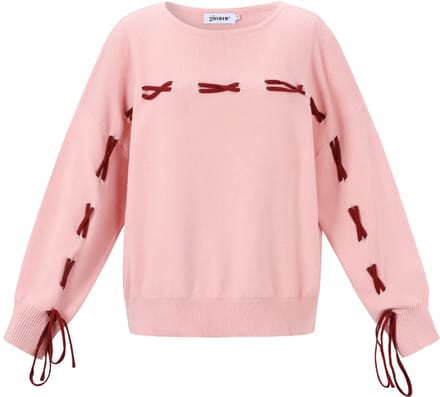 Comfortabele Gebreide Viscose Dames Trui met Contrasterende Strikken - Roze - Maat S/M