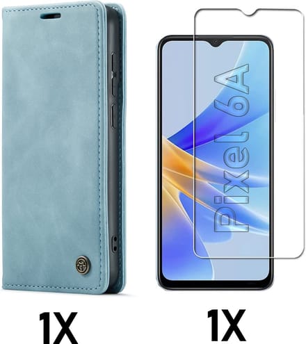 Casemania Hoesje Geschikt voor Google Pixel 6A - Aqua Blue + Glazen Screenprotector - Portemonnee Book Case