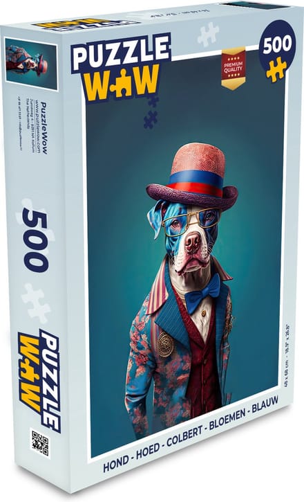 Puzzel Hond - Hoed - Colbert - Bloemen - Blauw - Legpuzzel - Puzzel 500 stukjes