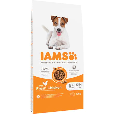 12kg for Vitality Dog Senior & Mature Small Medium Kip IAMS Hondenvoer