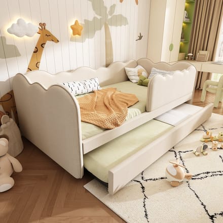 MODFU Kinderbed met Uitschuifbed – Wolkvormig – 99x197x70 cm – 90x190 cm – Ruimtebesparend – Linnen beige