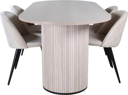 BiancaWW eethoek eetkamertafel eik fineer wit washed en 4 Velvet Stitches eetkamerstal velours beige.