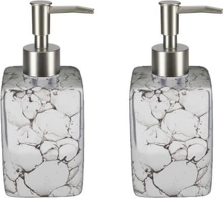 Items Zeeppompje/dispenser - 2x - wit - marmerlook - 330 ml - navulbaar - keuken/toilet/badkamer