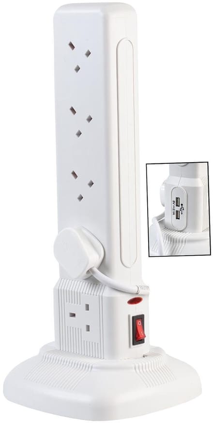 Toren Stekkerdoos - Verlengsnoer met USB - Apparaten Laden - 10 Stopcontacten - 2 Meter - Wit
