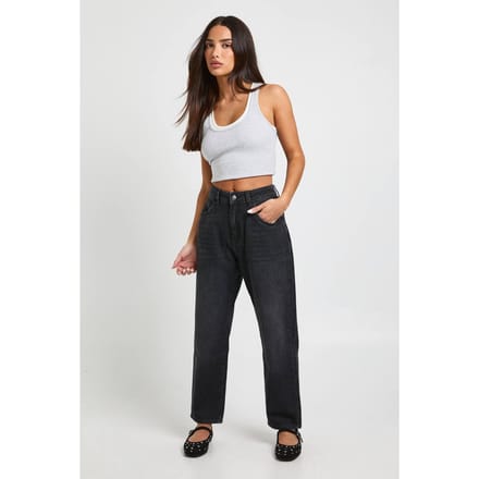 Dames Petite Boohoo Basics Hoge Taille Mom Jeans | Washed Black | Maat: 6/28L