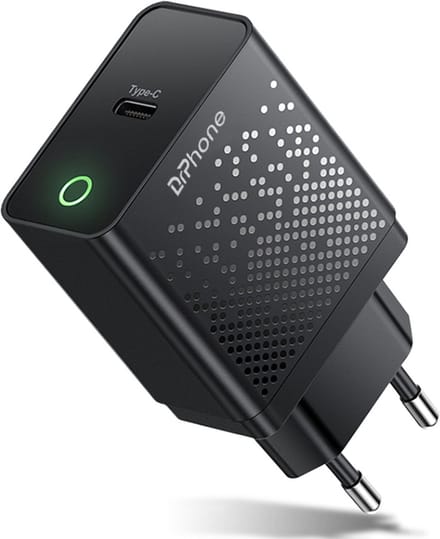 DrPhone HALO10 - 20W PD Snel Lader – USB-C Thuislader- Oplader 5V 3A / 9V 2.2A met LED ring - Geschikt voor o.a iOS/Android Smartphones/Tablets – Zwart