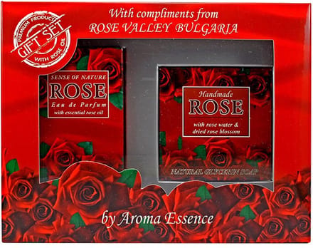 Set van 2 producten Red Rose - Eau De Parfum met etherische rozenolie - zeep met rozenbladjes 2st