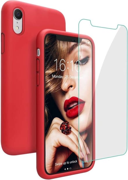 HB Hoesje Geschikt voor Apple iPhone XR - Siliconen Back Cover / Glazen Screenprotector - Rood