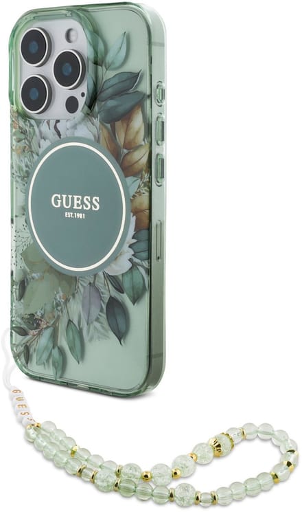 Guess geschikt voor MagSafe IML Flowers Case met beads strap geschikt voor iPhone 16 Pro Max - Green