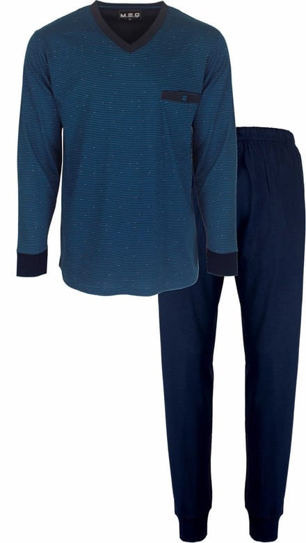 MEQ Heren Pyjama - Gestreept Dessin - V Hals - Blauw - Maat M