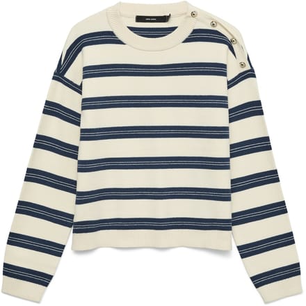 Vero Moda Trui Vmgold Stripe Ls O-neck Pullover 10337908 Birch/w. Dark Denim Dames Maat - S