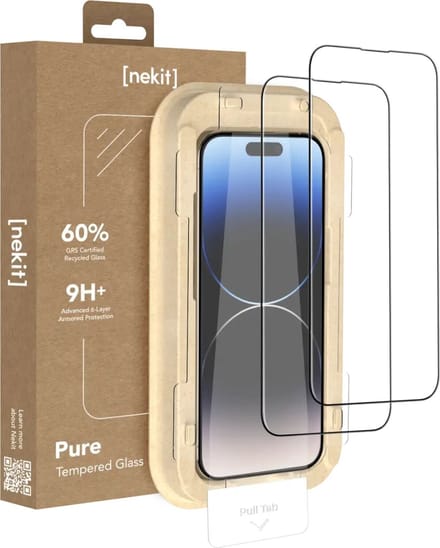 NEKIT Pure - Duo Pack Tempered Glass Geschikt voor Apple iPhone 14 Pro - 9H+ Gehard - GRS Gerecycled Glas - Screen Protector met Installatiebox - Case Friendly
