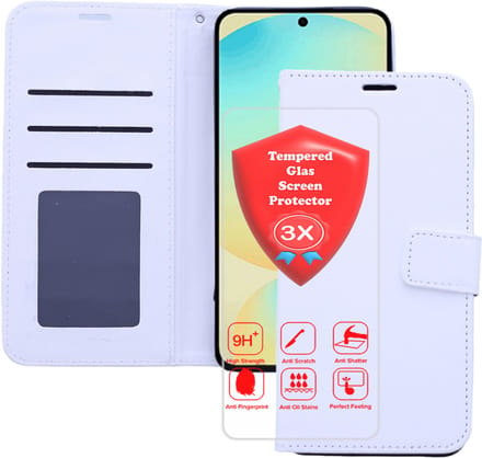 Bookcase Geschikt voor: Samsung Galaxy S25 Wit - Portemonnee hoesje met 3x Glas Screen protector - Book Cover