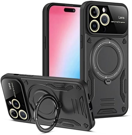 Cityhoesje - iPhone 15 Pro Max - Magnetic - Ring Holder Kickstand - Protective – Backcase - Zwart