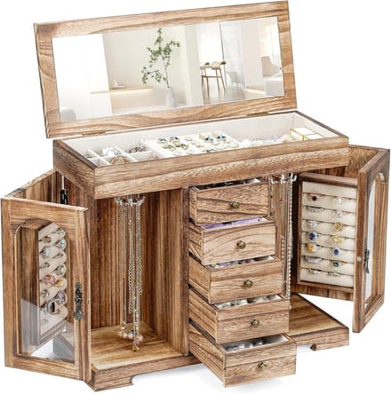 Grote Houten Sieradendoos met Spiegel voor Dames, 6 Lagen Organizer