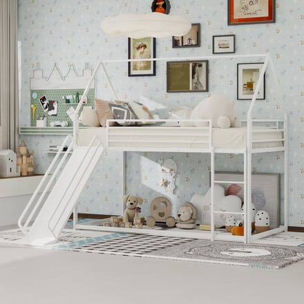 Wishdor Stapelbed met Glijbaan & Ladder - Speelhuisdesign - Strak & Speels - IJzer - Wit