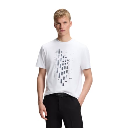 Boss Heren T-shirt met geometrisch patroon, stretch, normale pasvorm (Wit)